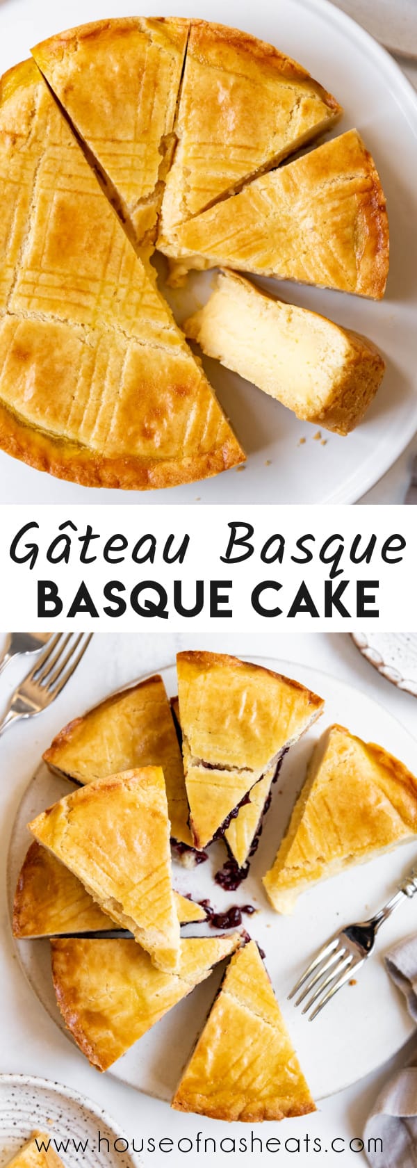 A collage of images of Gateau Basque with text overlay.