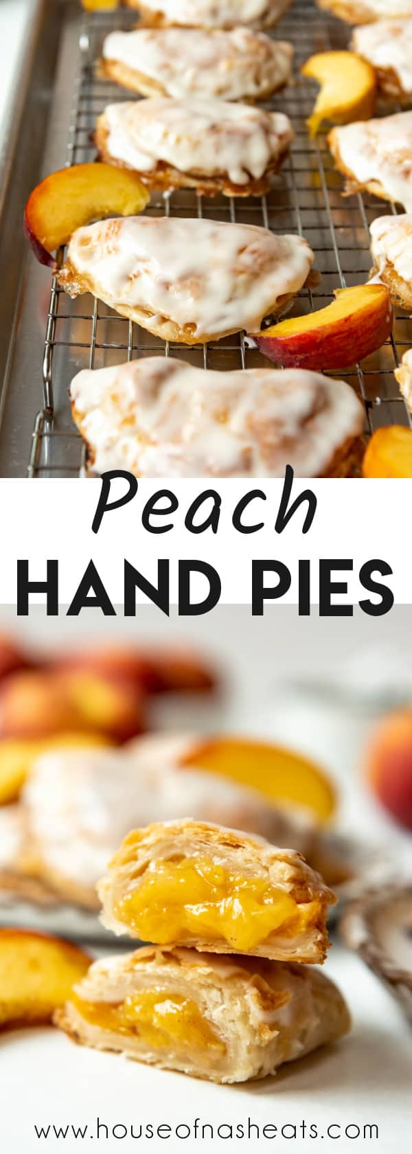 A collage of images of peach hand pies with text overlay.