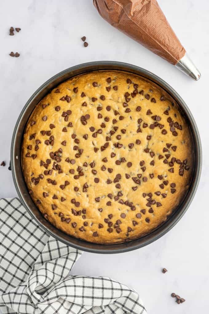 A baked chocolate chip cookie cake in a 9-inch round cake pan.