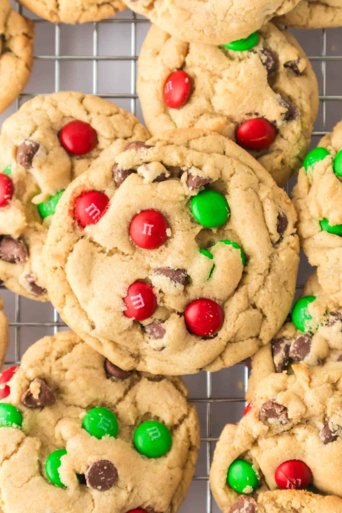 A close image of a soft M&M Christmas cookie.