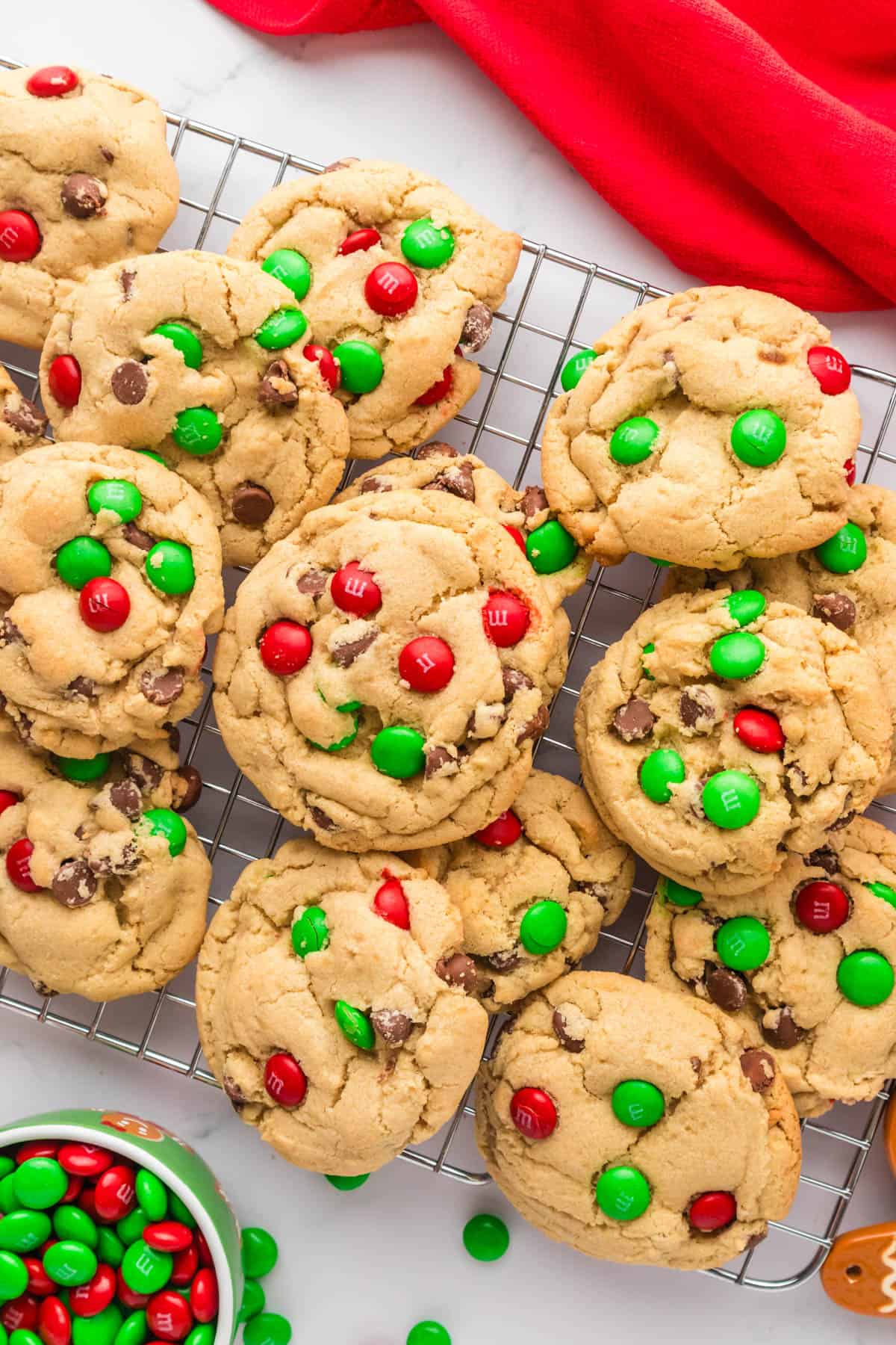 An overhead image of Christmas M&M cookies.