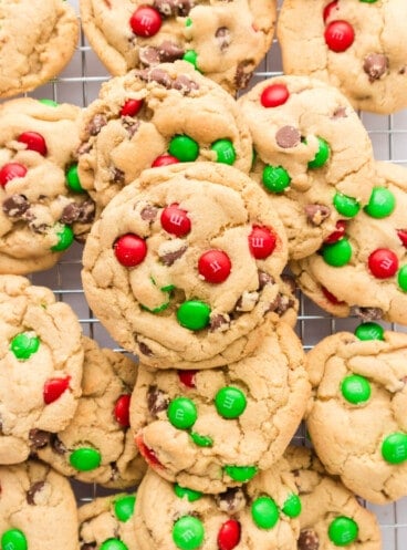 Soft M&M cookies made with red & green Christmas M&M's.