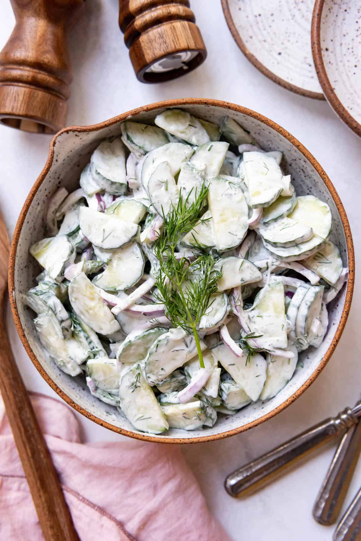 An overhead image of a bowl of creamy German cucumber salad.