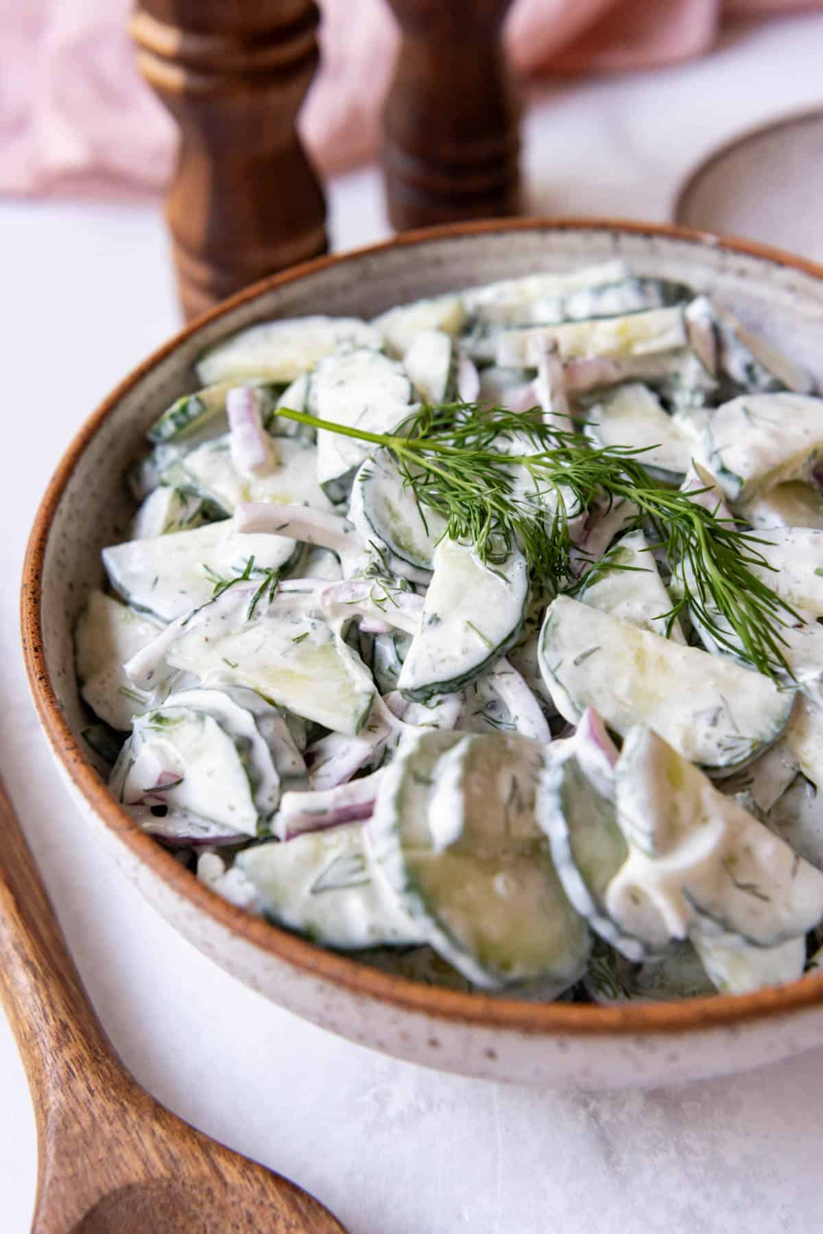 A side angle image of a bowl of German cucumber salad.