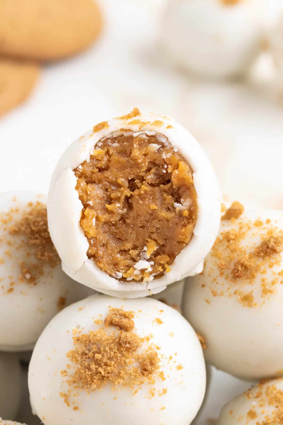 A close image of a bite taken out of a gingerbread truffle.