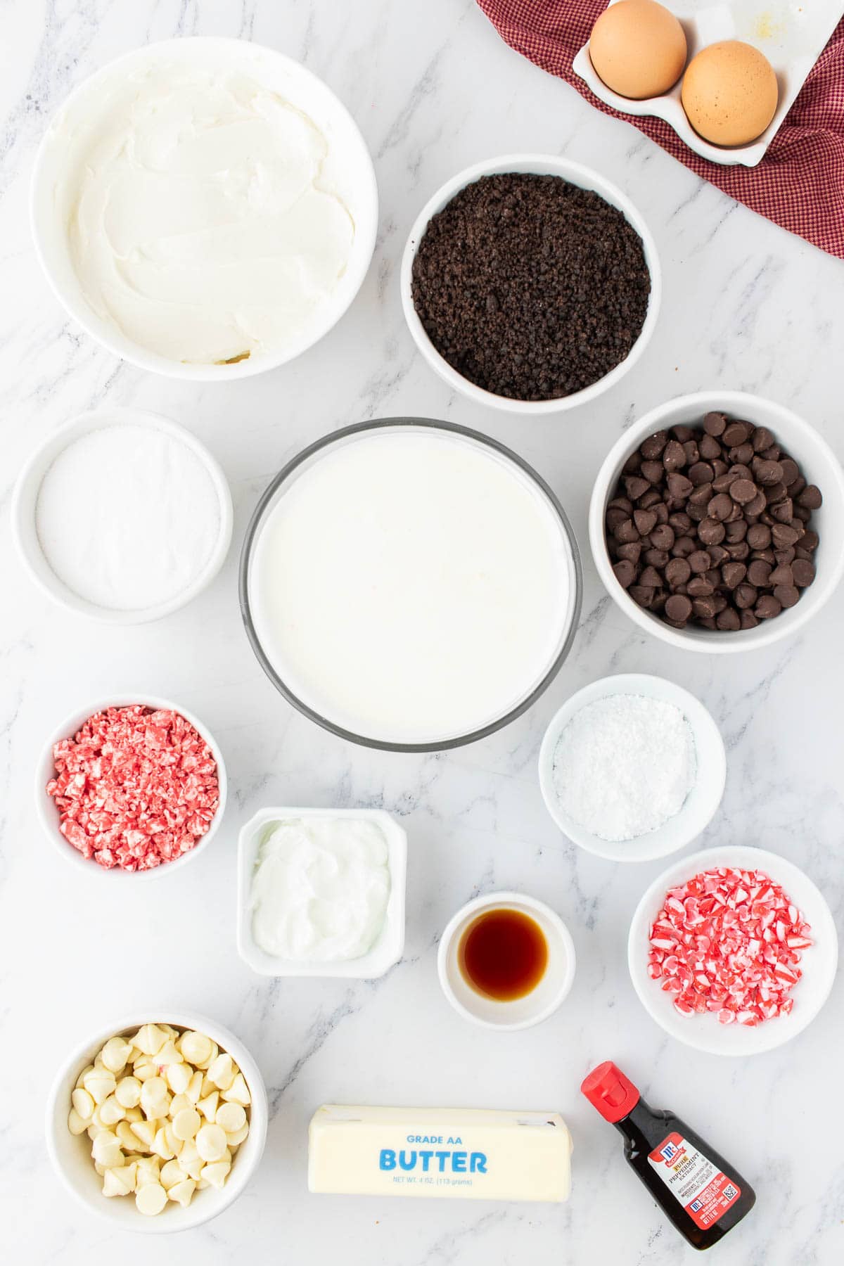 Ingredients for mini white chocolate peppermint cheesecakes.
