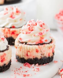 An image of mini white chocolate peppermint cheesecakes.