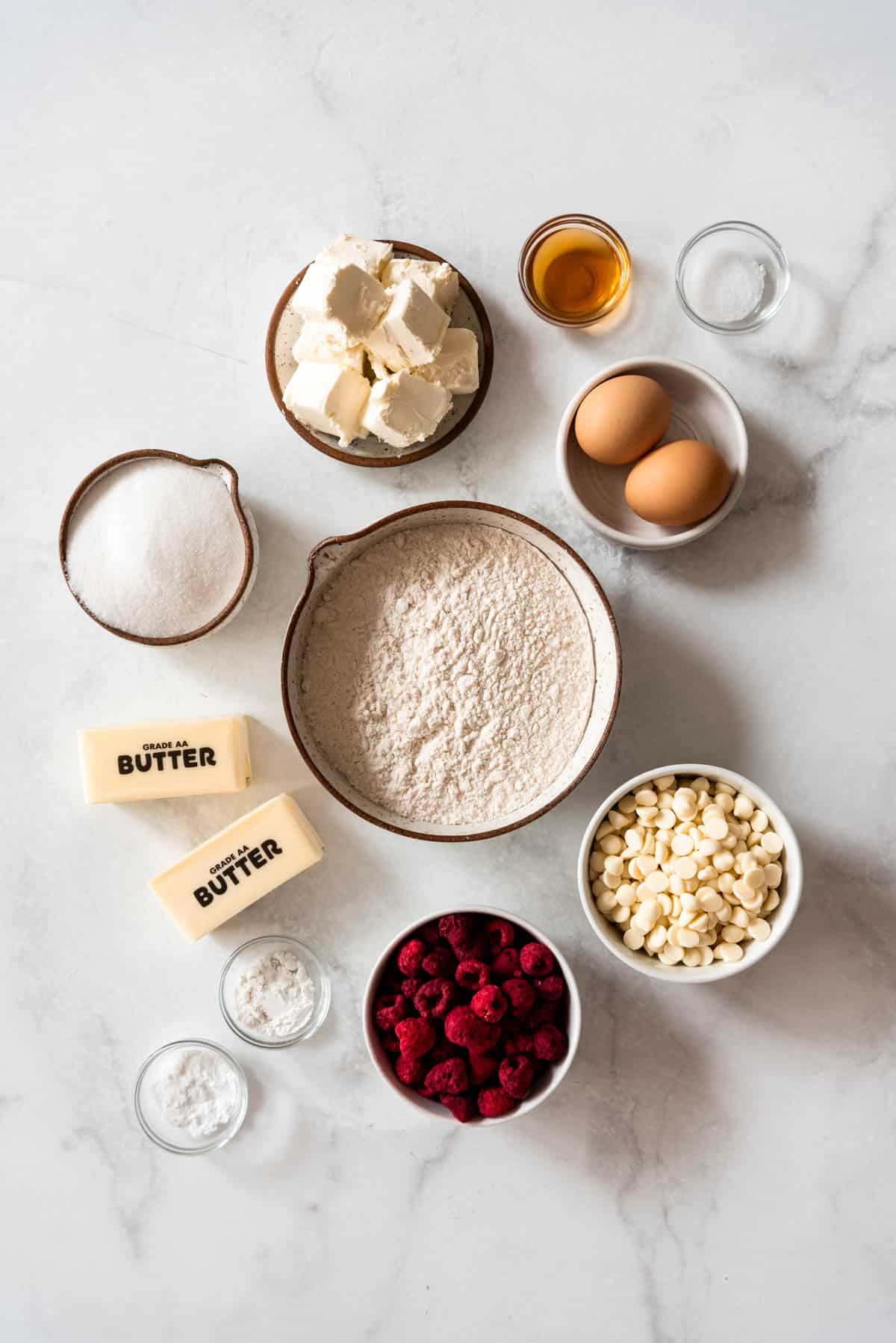 Ingredients for raspberry cheesecake cookies.