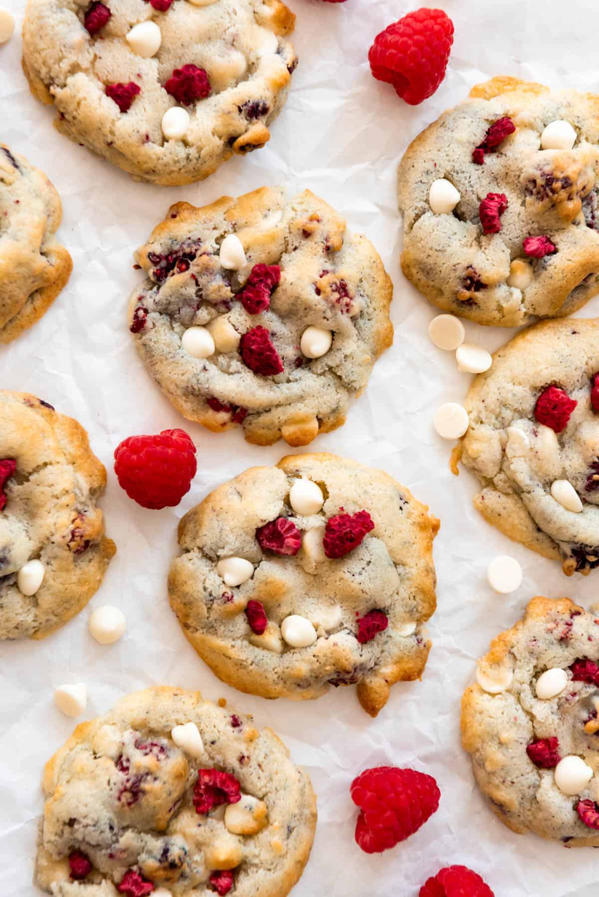 An overhead image of raspberry cheesecake cookies.