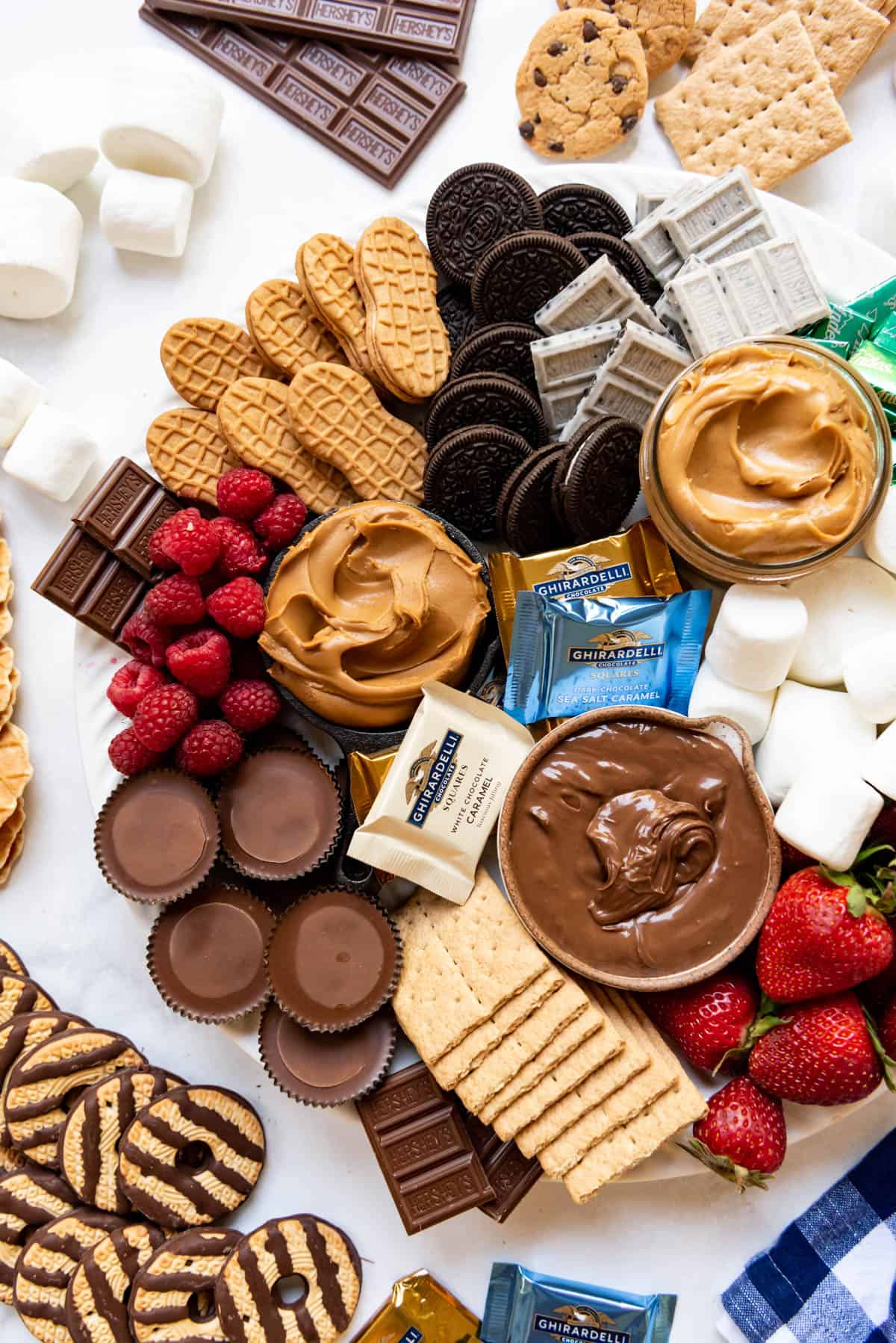 A close image of a s'mores dessert board with fruit, cookies, marshmallows and dessert spreads.