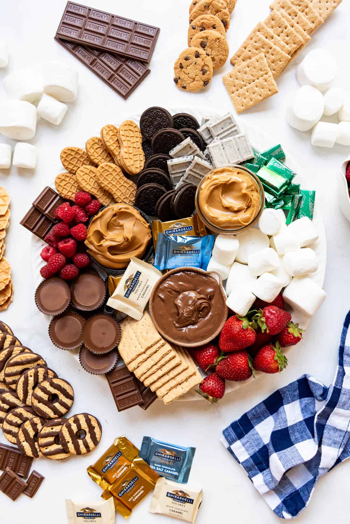 An overhead image of a s'mores dessert board.