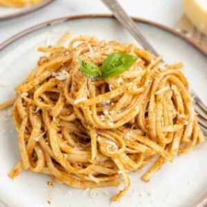 An image of pasta tossed with sun-dried tomato pesto.