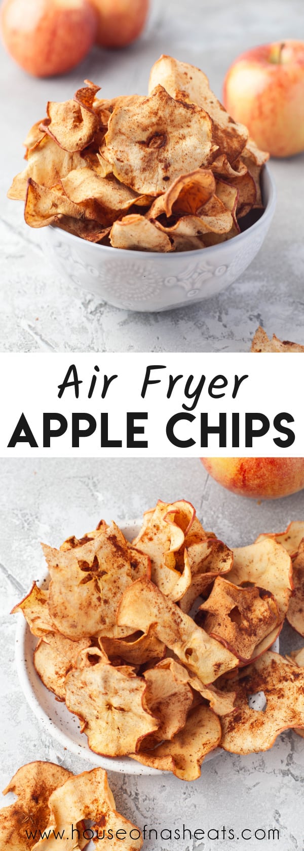 A collage of images of apple chips with text overlay.