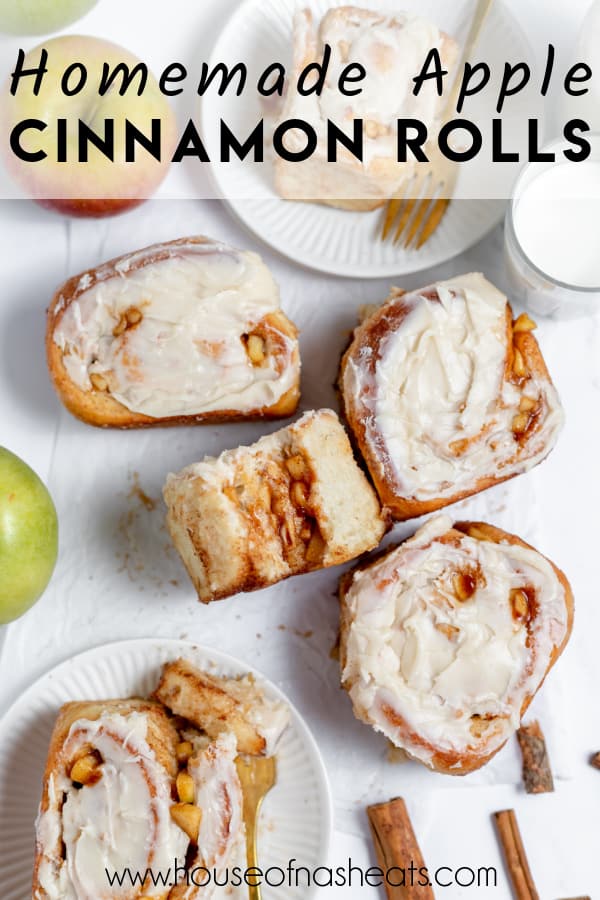 An overhead image of apple cinnamon rolls with a bite taken out of one of them with text overlay.