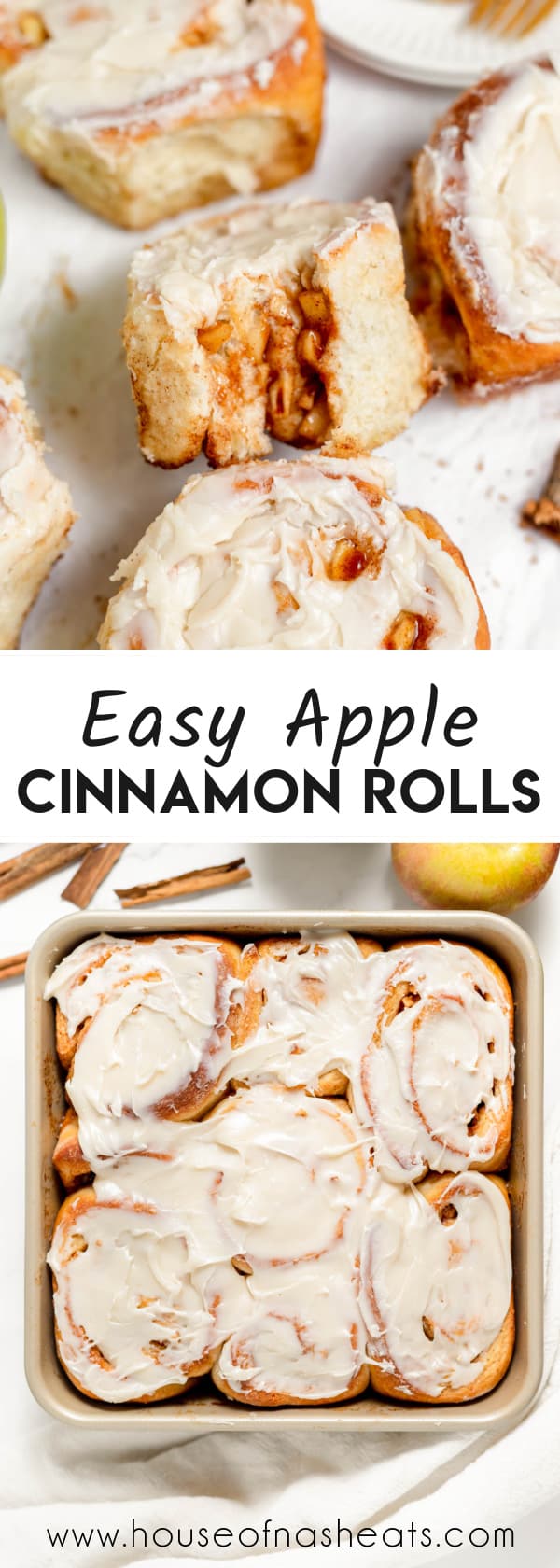 A collage of images of apple cinnamon rolls with text overlay.