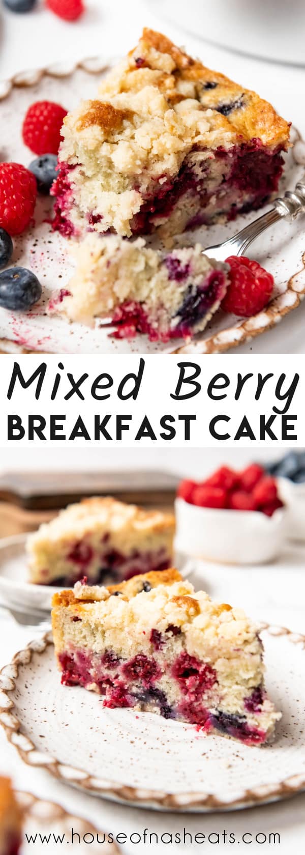 A collage of images of mixed berry breakfast cake.