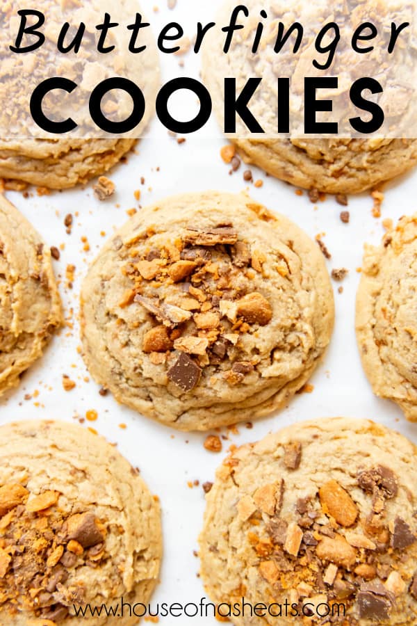 Peanut butter butterfingers cookies with text overlay.