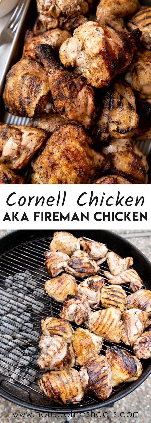 A collage of images of Cornell chicken with text overlay.