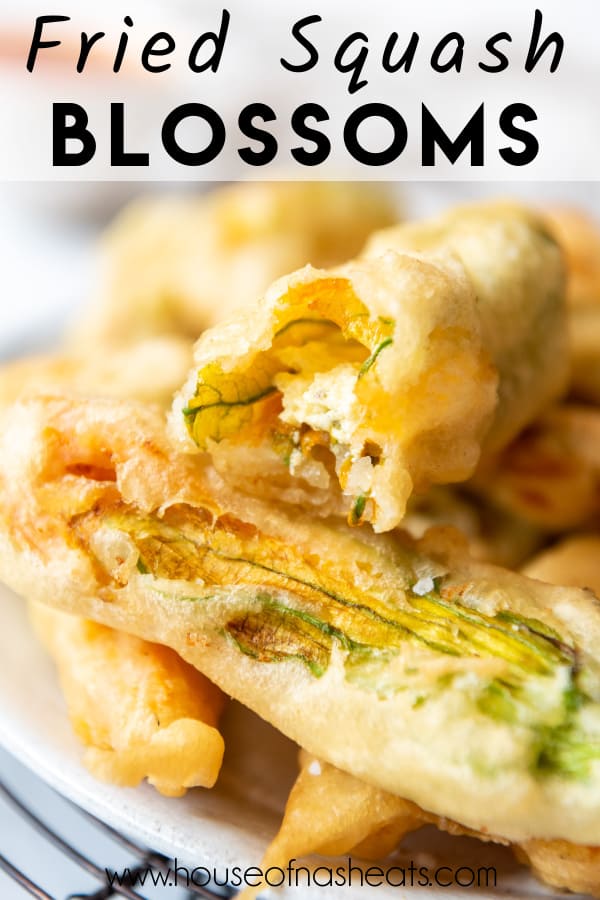 An image of stuffed squash blossoms with text overlay.