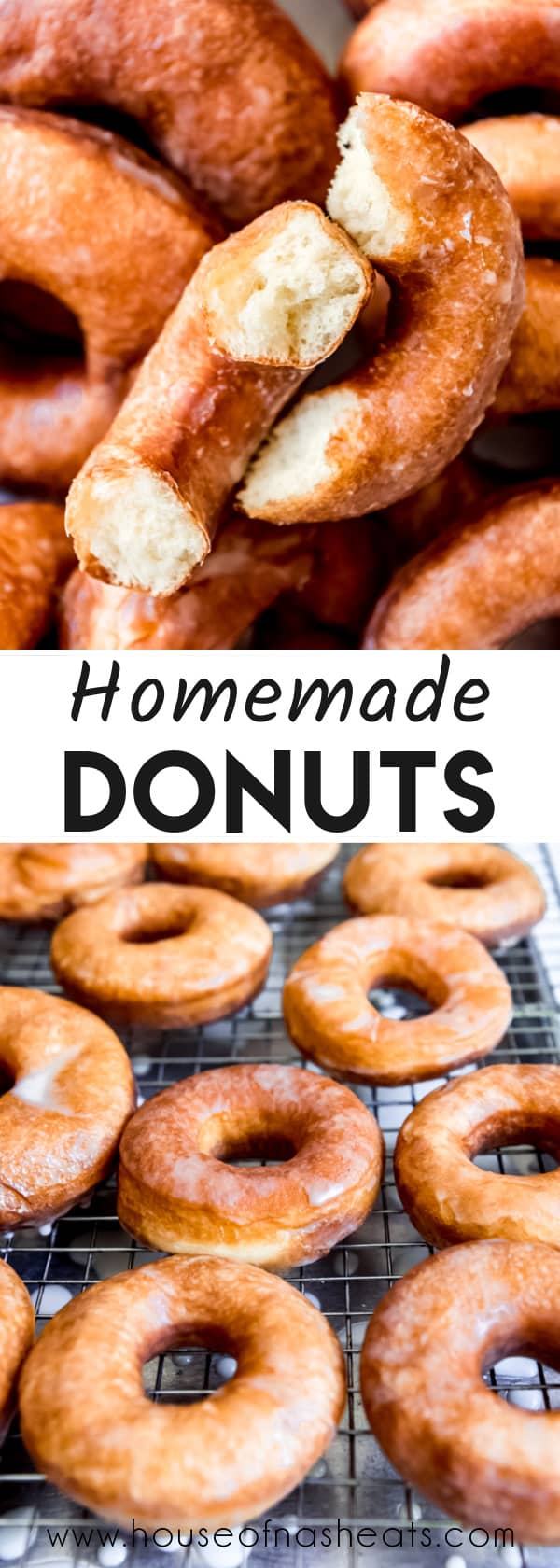 A collage of images of glazed donuts with text overlay.