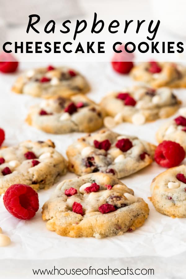 Raspberry cheesecake cookies on a white surface with text overlay.