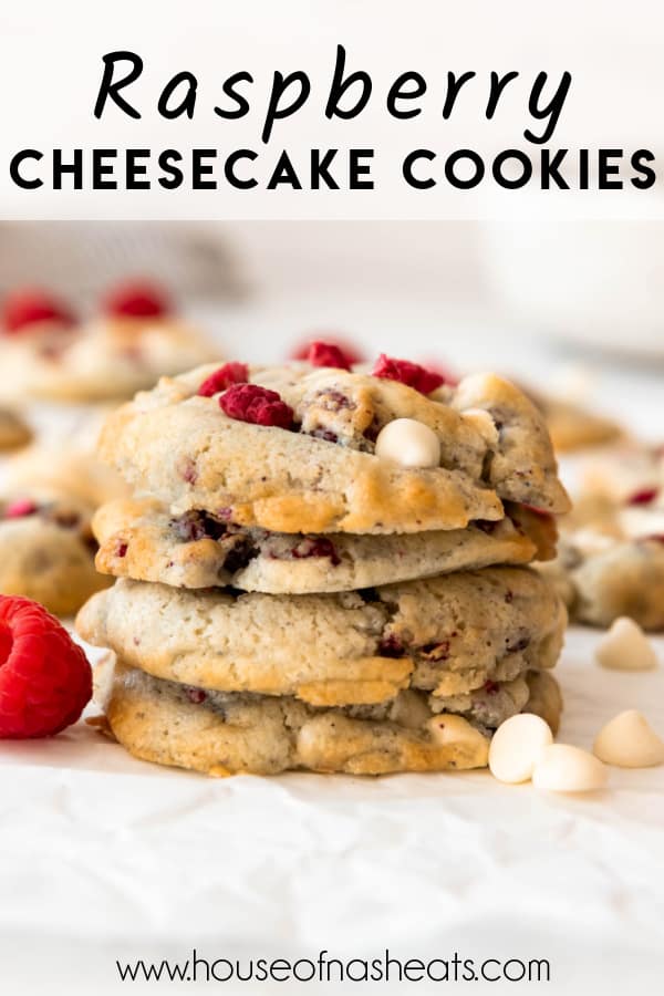A stack of raspberry cheesecake cookies with text overlay.