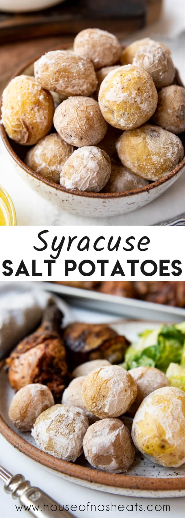 A collage of images of syracuse salt potatoes with text overlay.