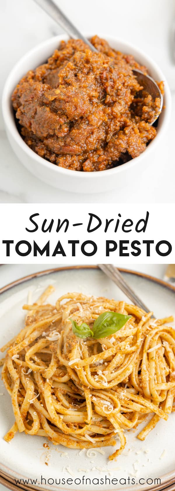 A collage of images of sun-dried tomato pesto with text overlay.