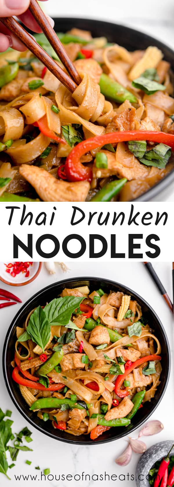 A collage of images of Thai drunken noodles with text overlay.