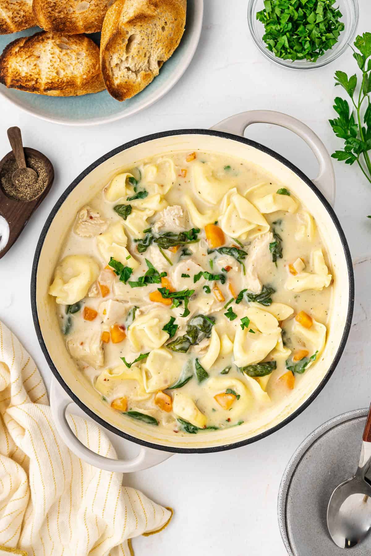 A finished batch of creamy chicken tortellini soup.