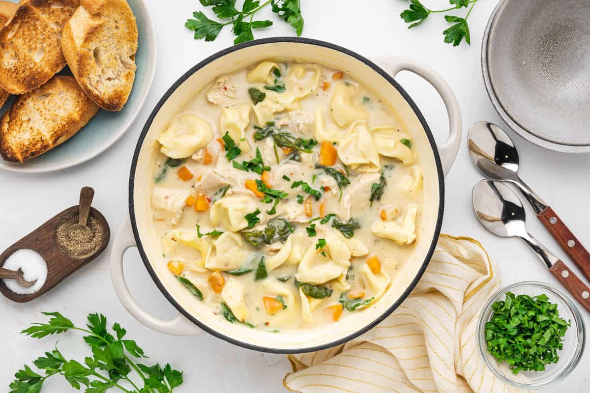 A large pot of creamy chicken tortellini soup next to utensils, bowls, and garnishes.