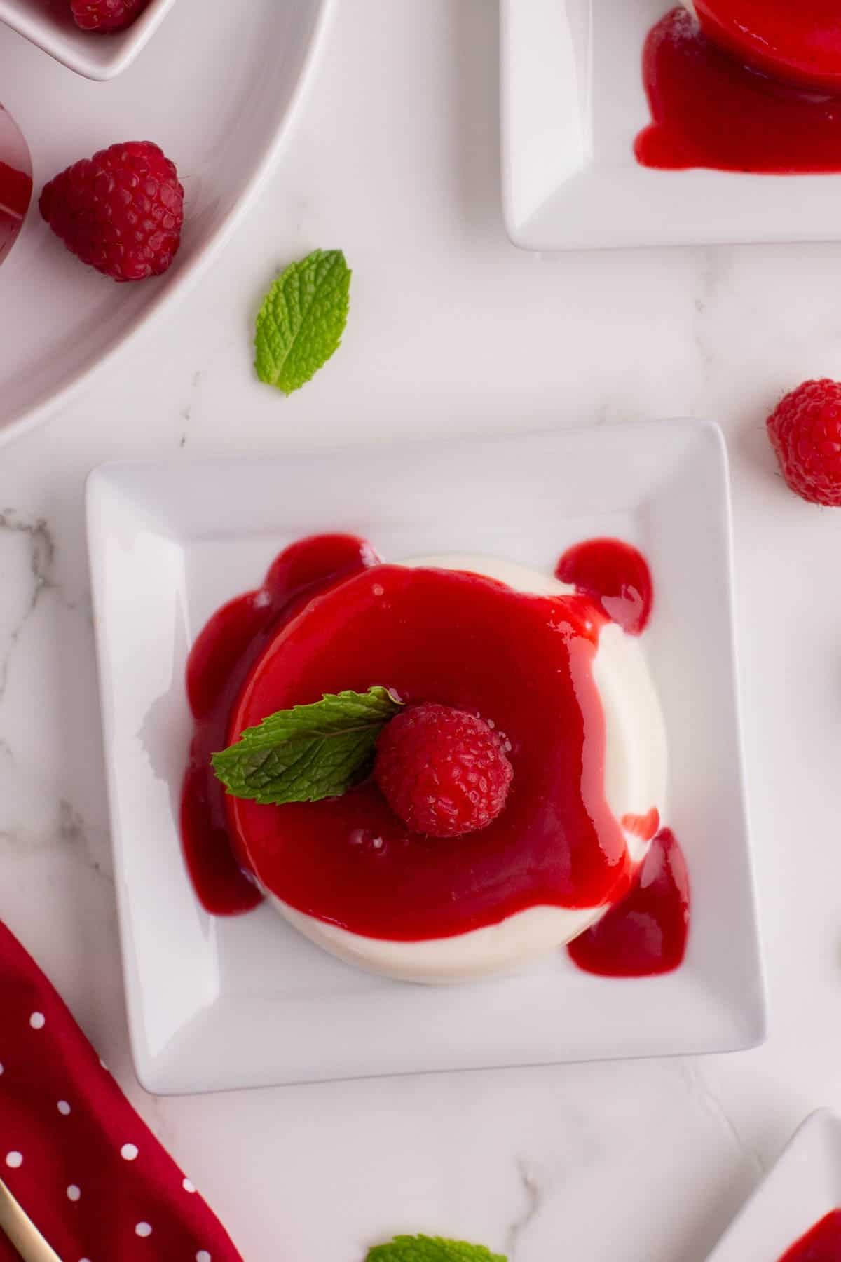 An overhead image of a panna cotta dessert with raspberry sauce.