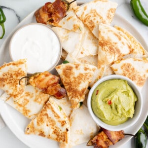 An overhead image of a plate of jalapeno popper quesadillas.