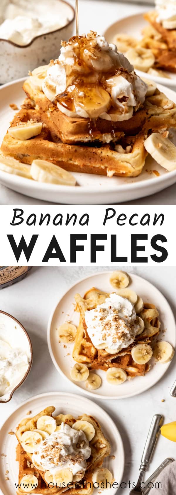 A collage of images of banana pecan waffles with text overlay.