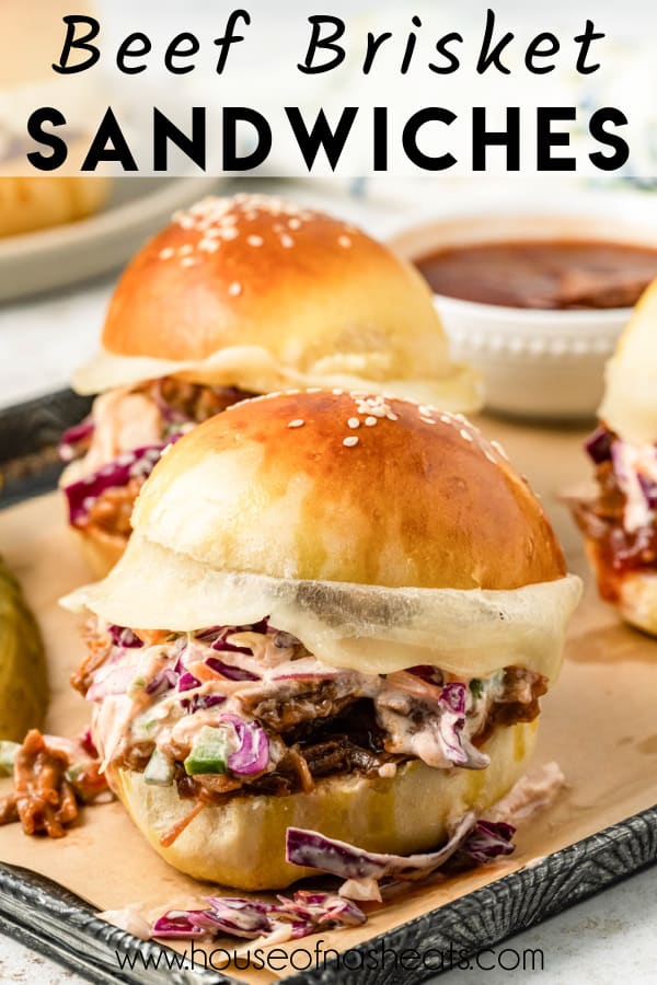 Beef brisket sandwiches with text overlay.