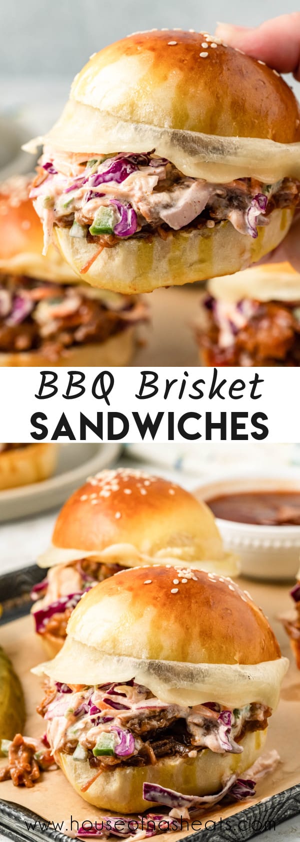 A collage of images of beef brisket sandwiches with text overlay.