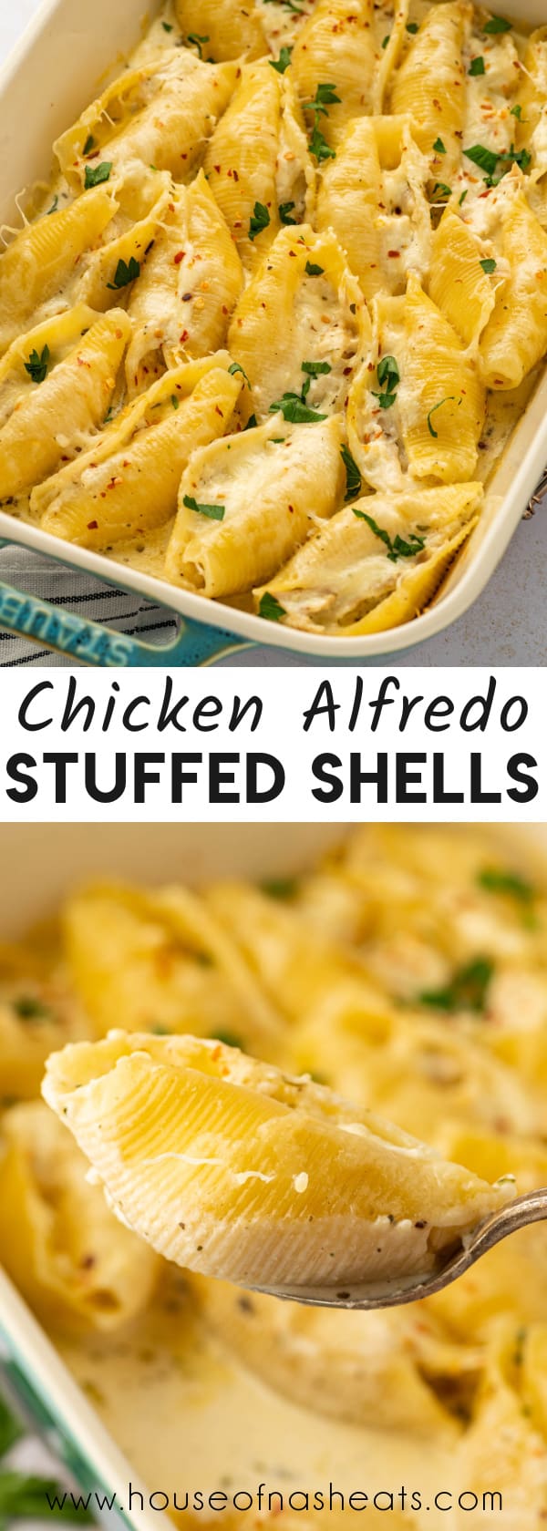A collage of images of chicken alfredo stuffed shells with text overlay.
