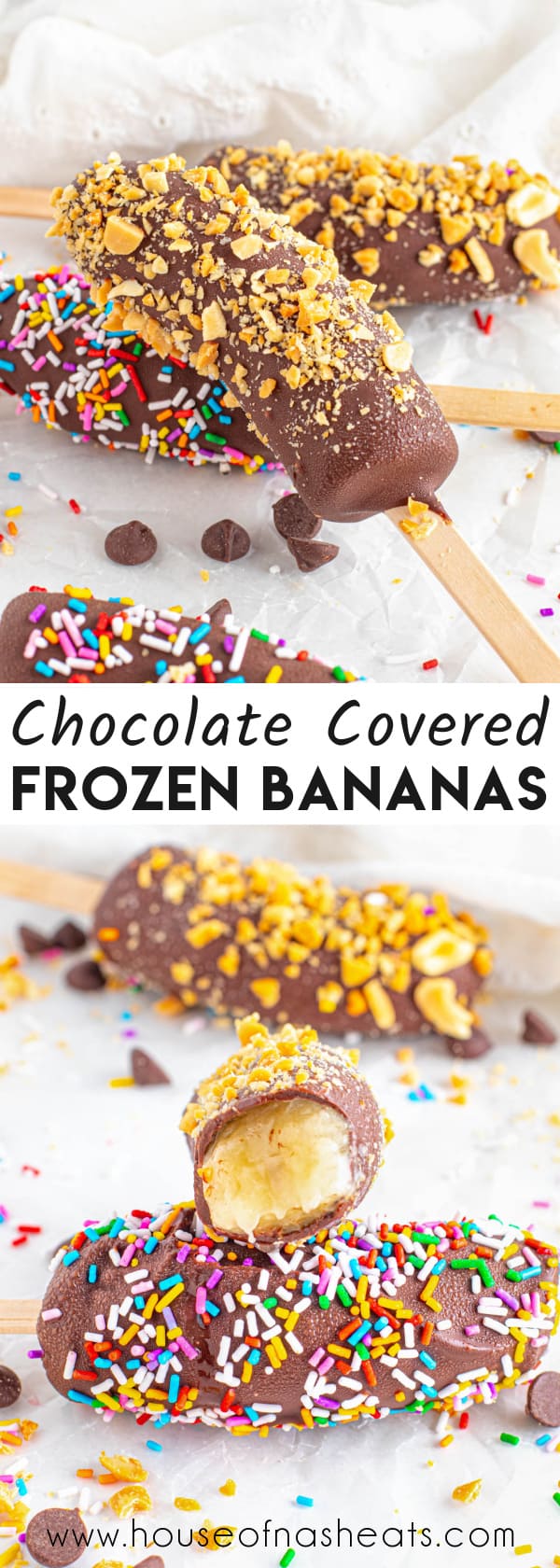 A collage of images of chocolate covered frozen bananas with text overlay.
