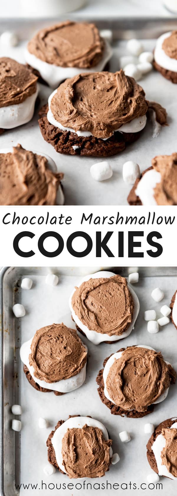 A collage of images of chocolate marshmallow cookies with text overlay.