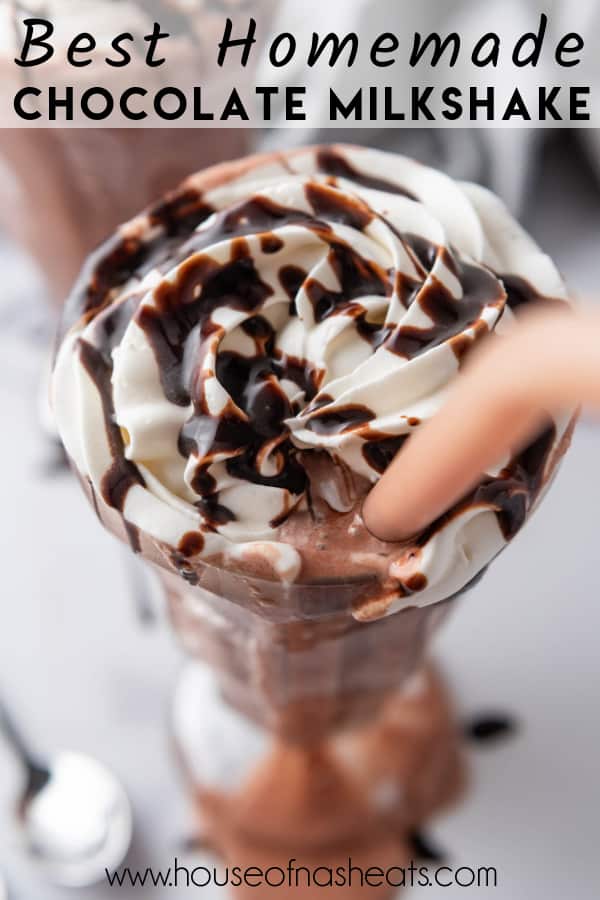 An overhead image of a chocolate milkshake with text overlay.