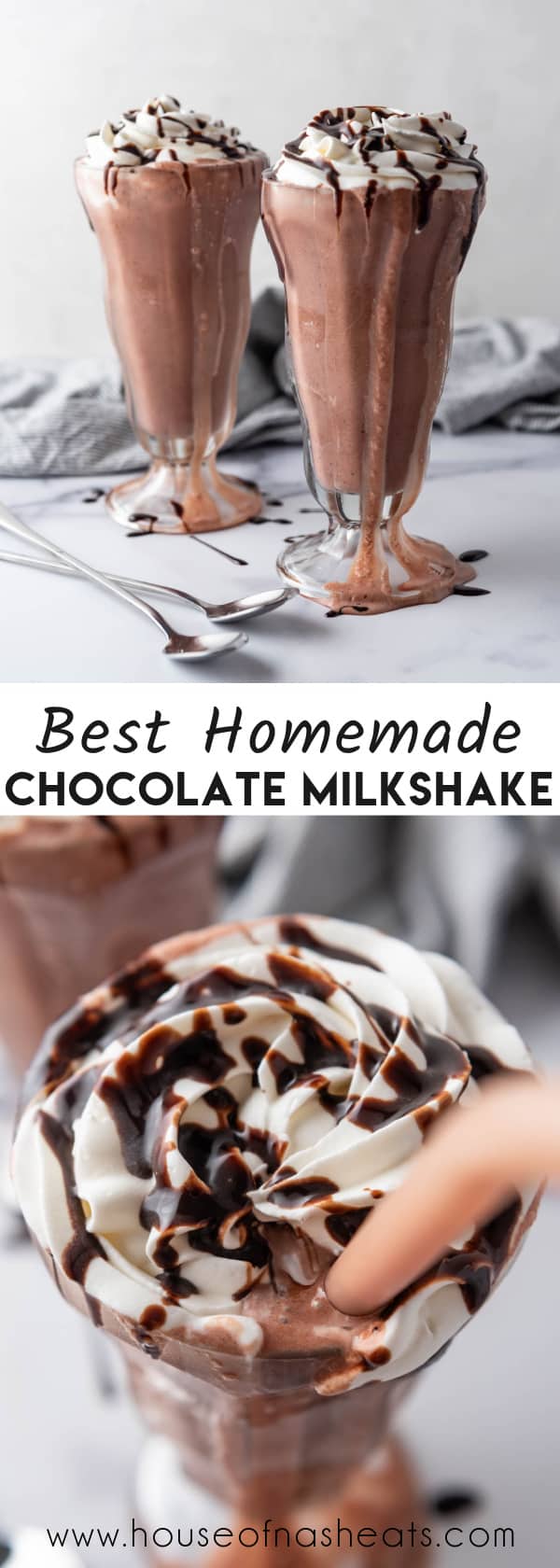 A collage of images of chocolate milkshakes with text overlay.