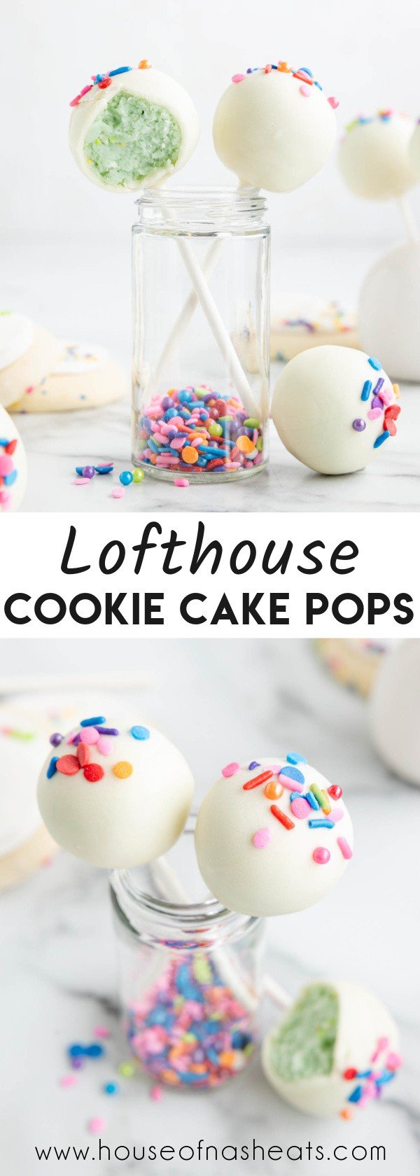 A collage of images of lofthouse cookie cake pops with text overlay.