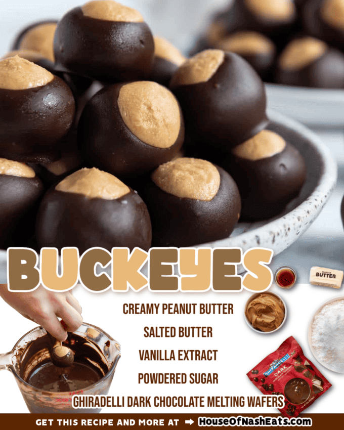 A collage of images of homemade buckeye candy with text overlay.