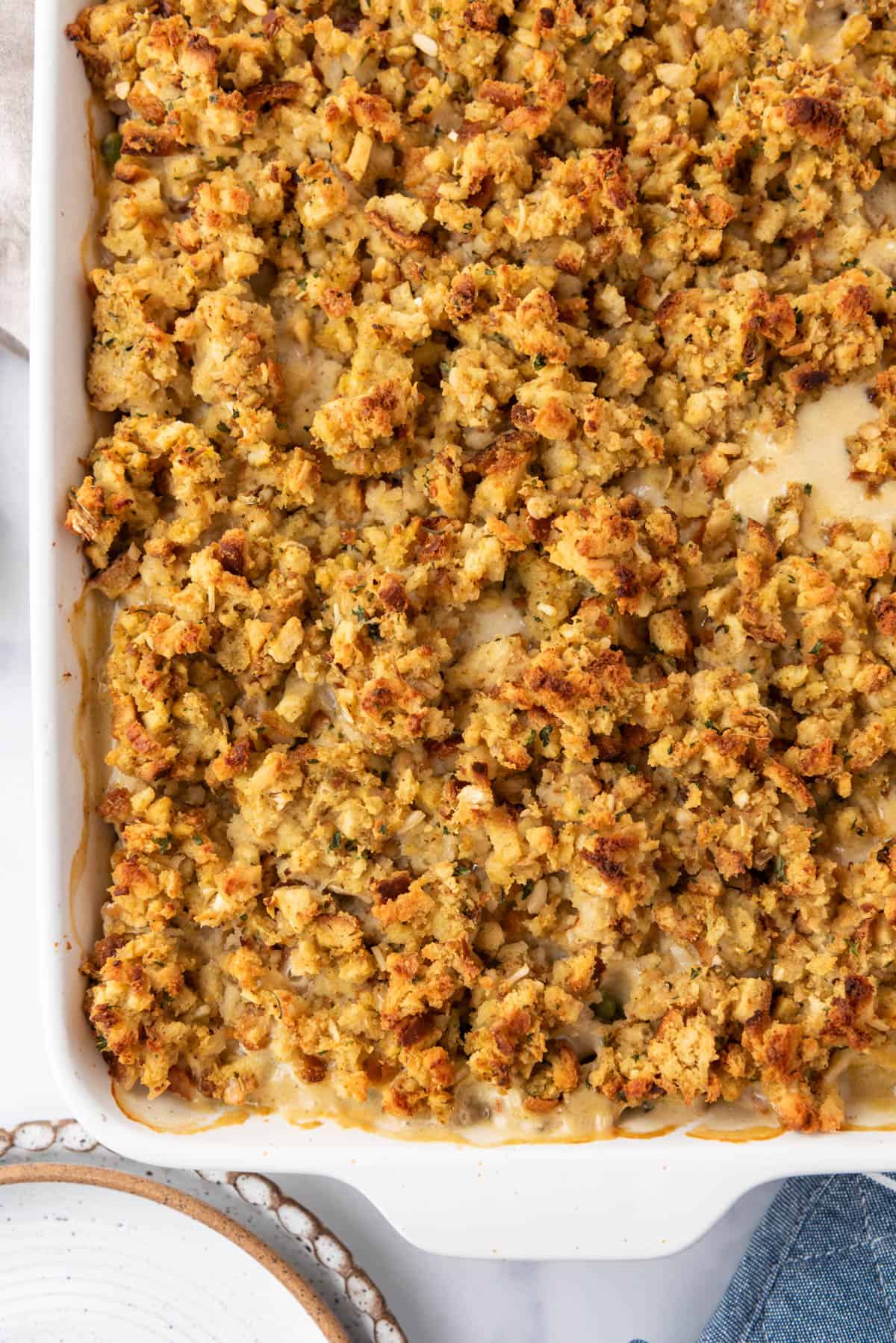 An overhead image of a chicken and stuffing casserole.