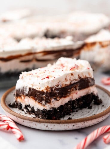 A close image of chocolate peppermint lasagna on a plate.