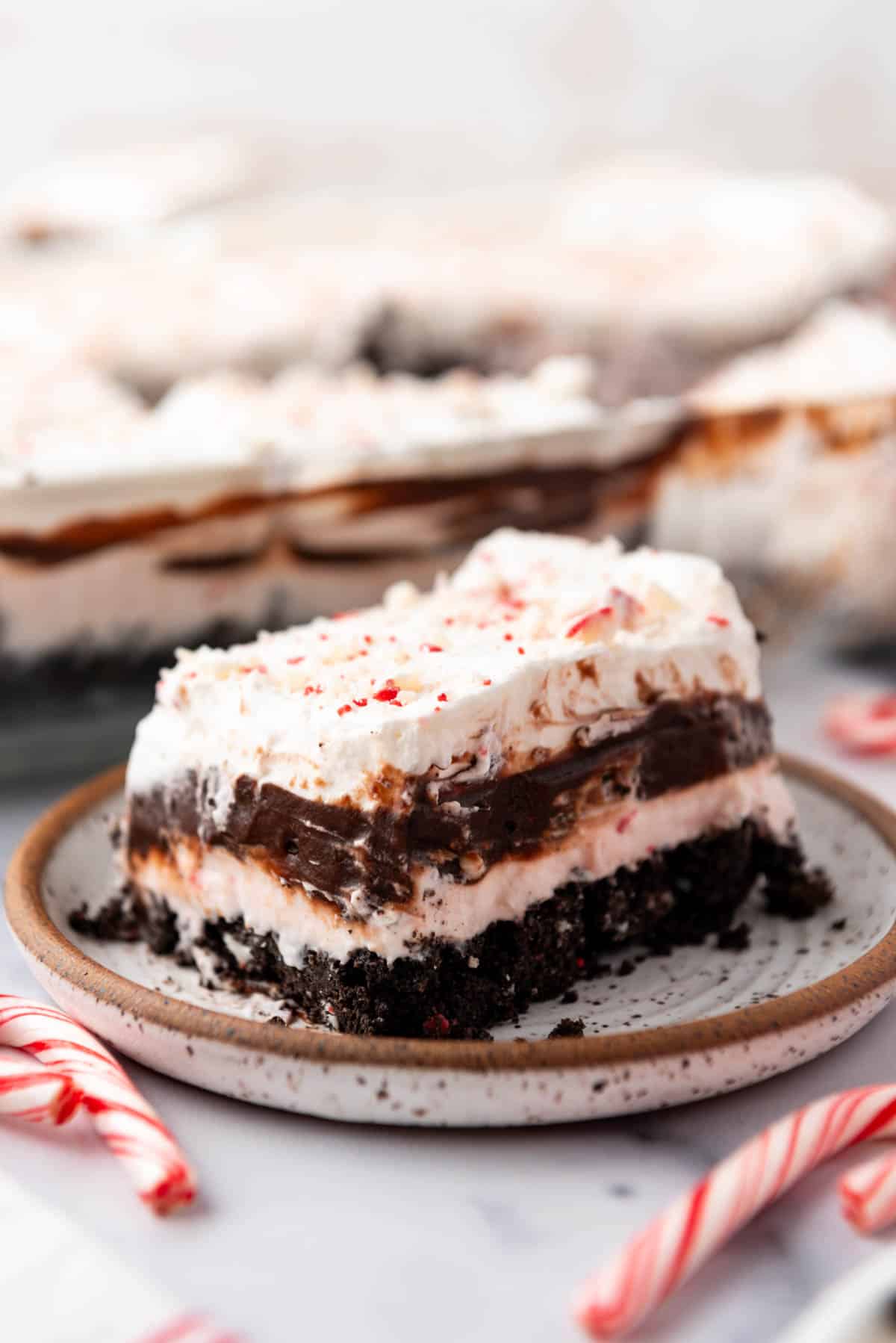 A close image of chocolate peppermint lasagna on a plate.