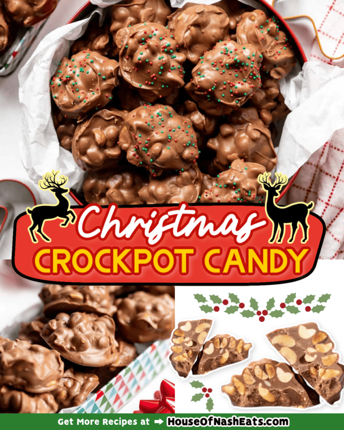 A collage of images of crockpot Christmas candy with text overlay.