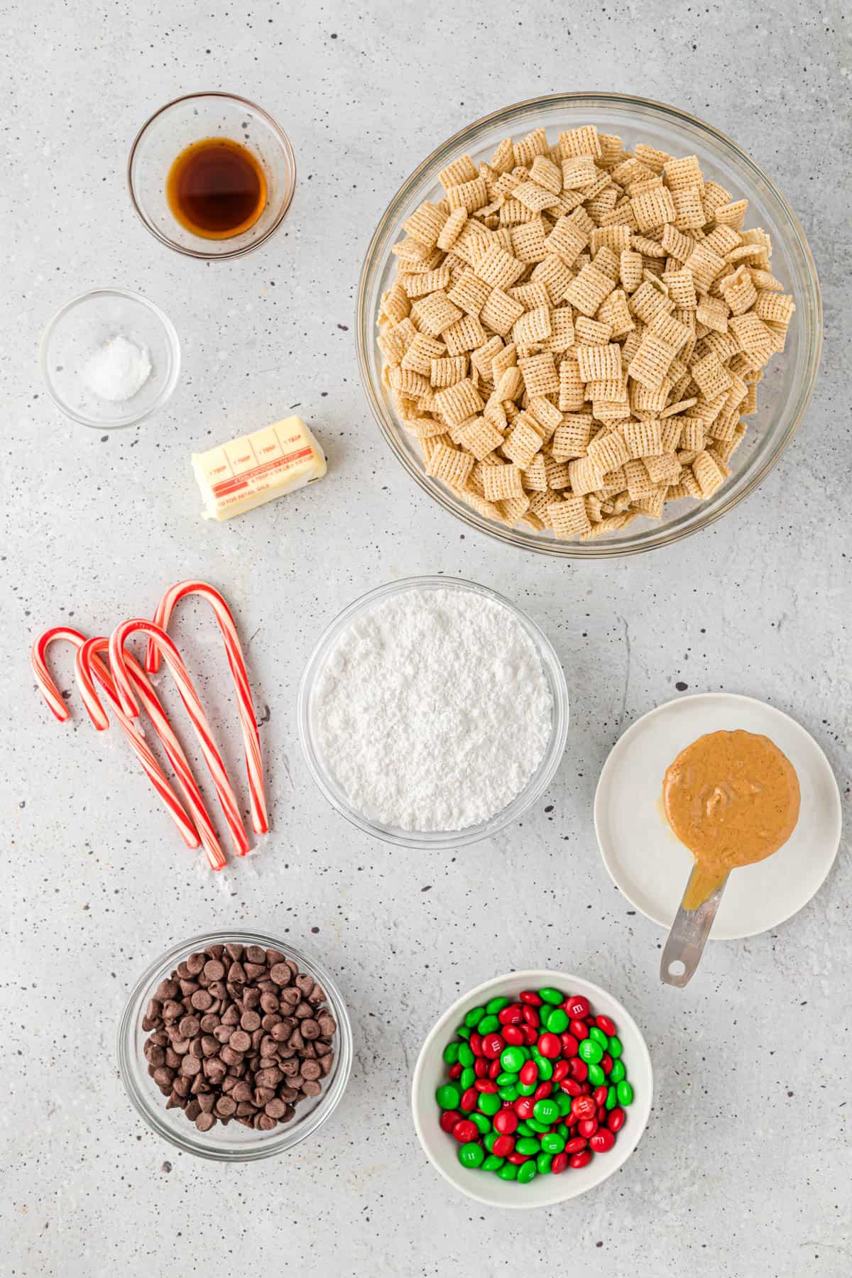 Ingredients for Christmas Chex Mix Muddy Buddies.