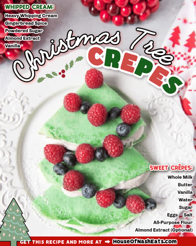 A collage of images of Christmas tree crepes with text overlay.