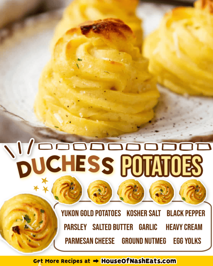 A collage of images of duchess potatoes with text overlay.